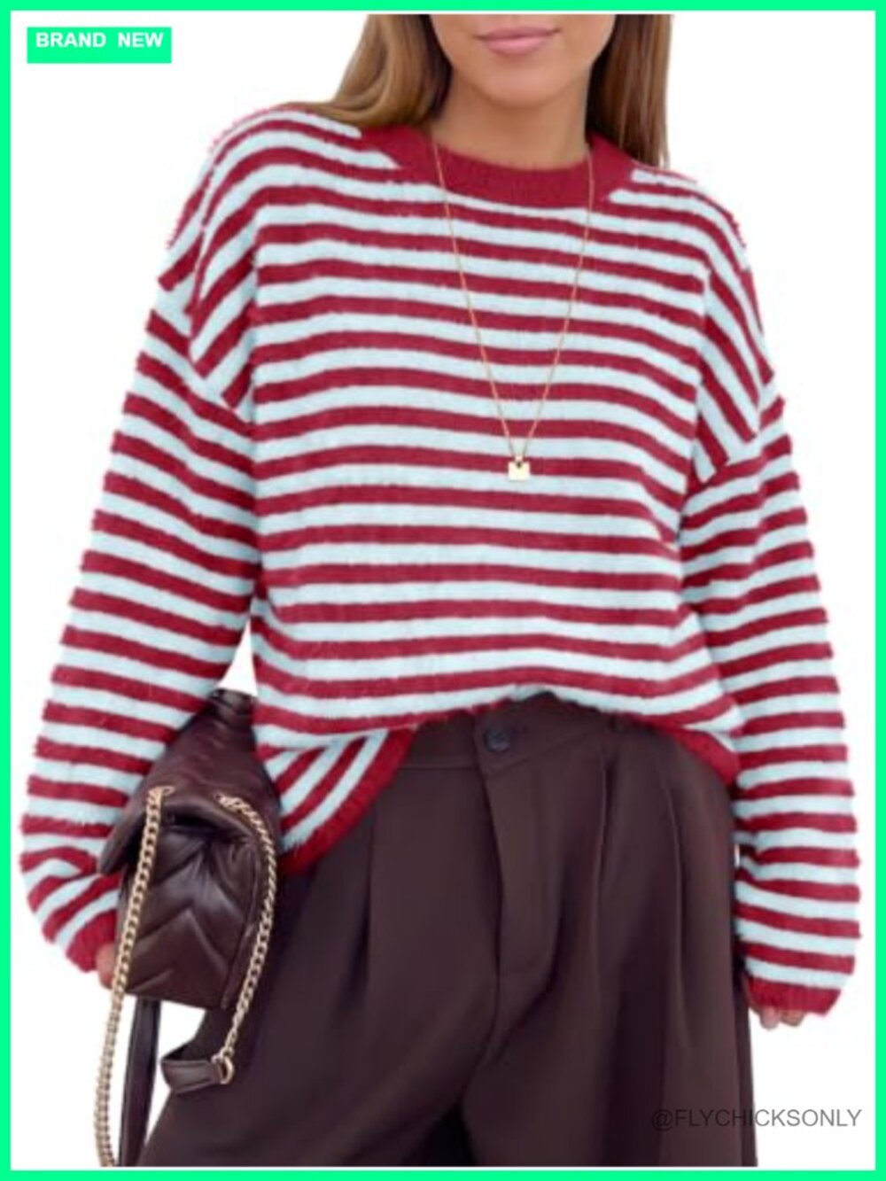 Fuzzy Striped Crewneck Knit Pullover Sweater Drop Shoulder Ribbed Trim